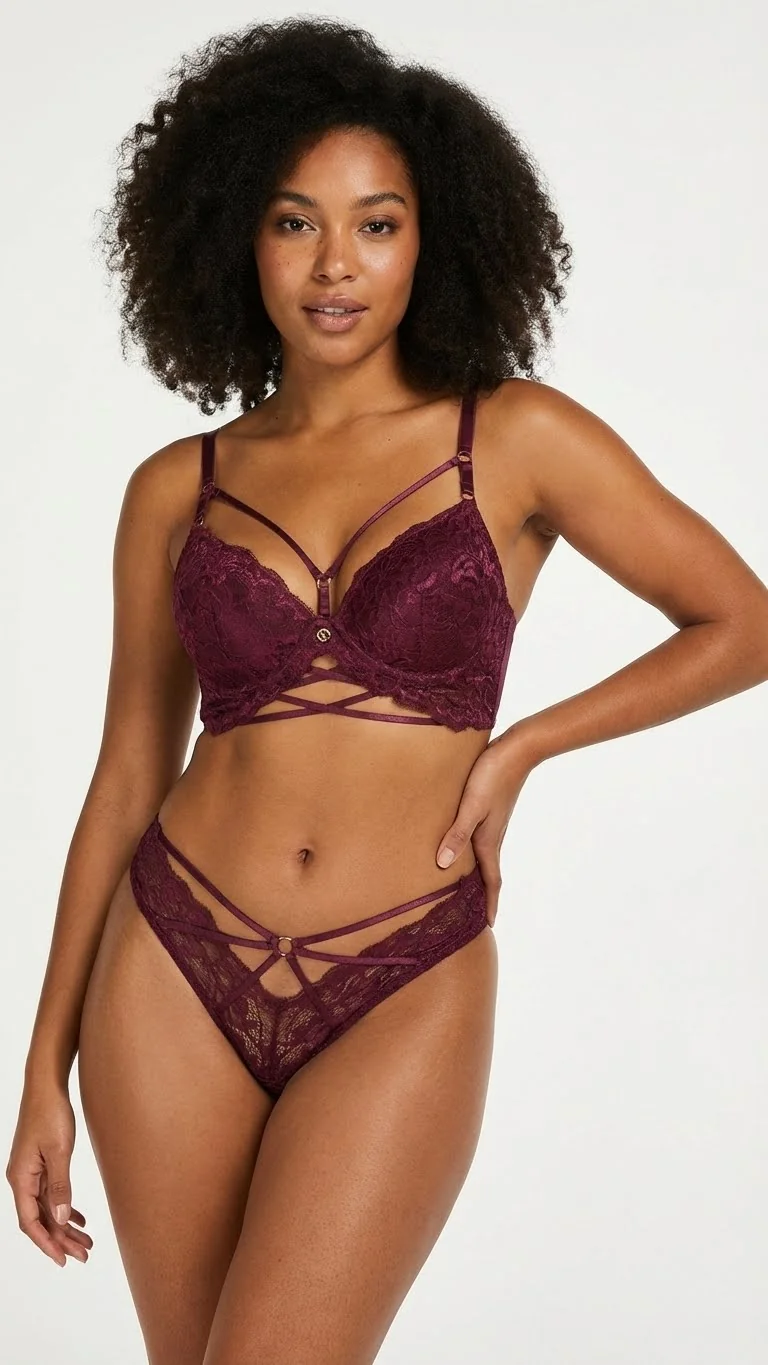 LunaIntim Bordo Kafesli Strappy Sütyen Takım Çapraz Şeritli Destekli Bralet Set - Ön Görünüm